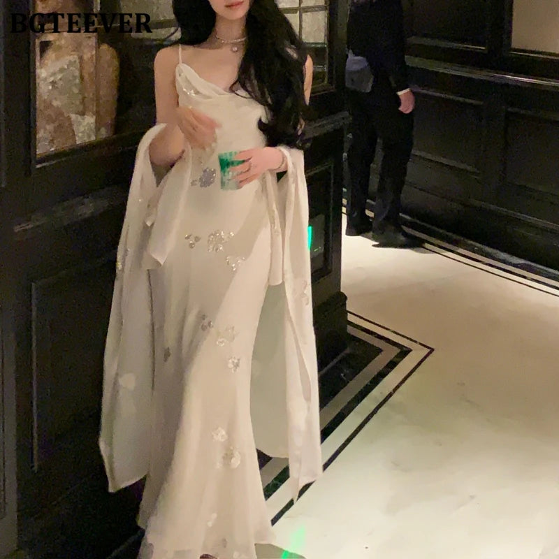 BGTEEVER Autumn Winte Slim OL Embroidery Set Long Sleeve Cardigans & Spaghetti Strap Package Hip Dress Ladies 2 Pieces Set