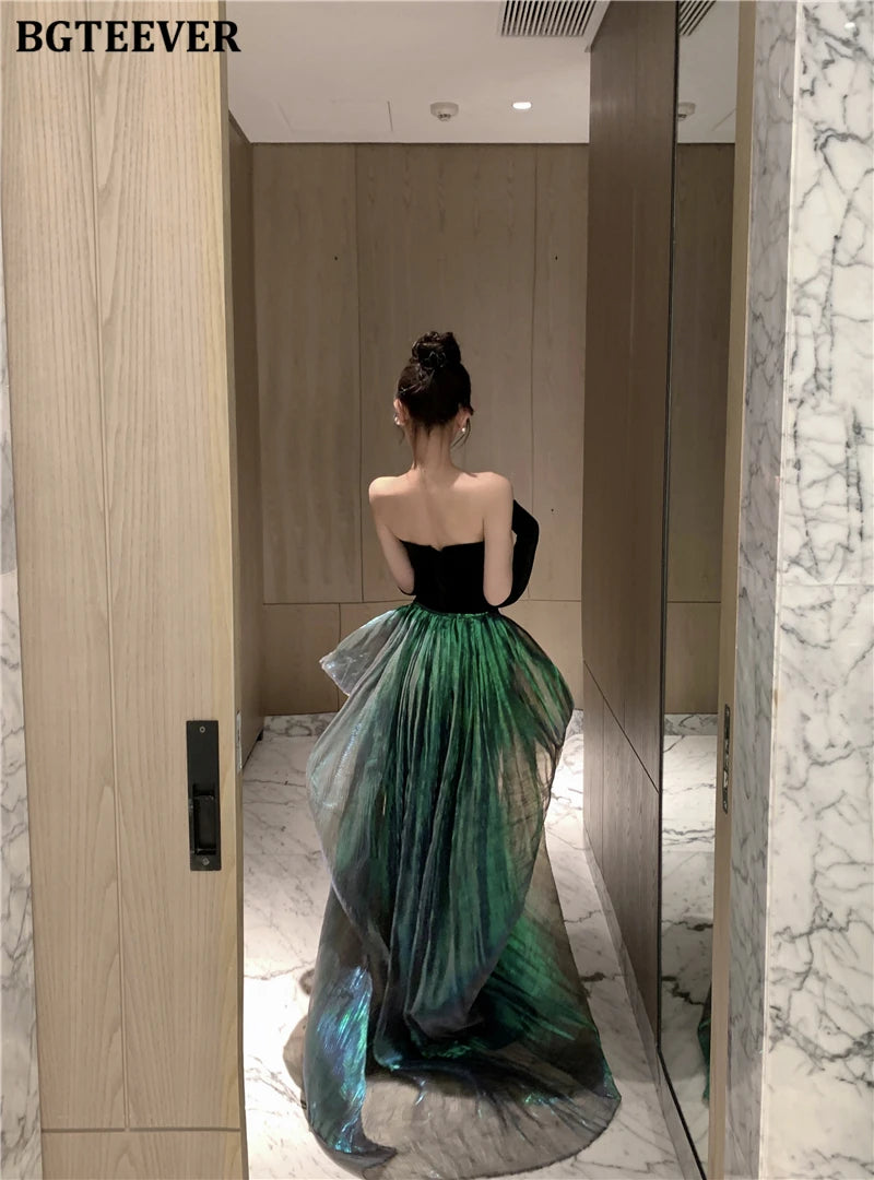 BGTEEVER Fashion Spring Ladies Sleeveless Party Velvet Dress Elegant Slim Waist Women Floor-Length Package Hip Strapless Dress