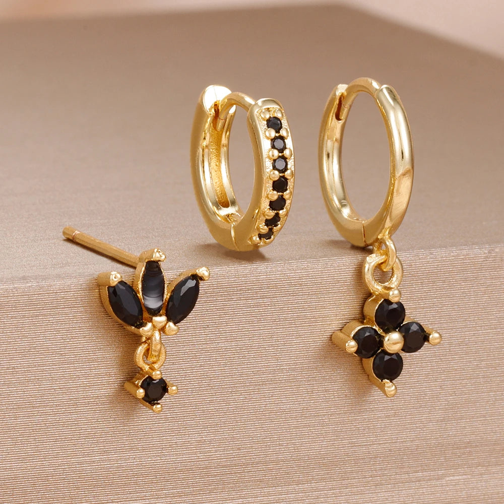 3PCS Fashion Orange Blue Zircon Hanging Earrings Set for Women Stainless Steel Flower Dangle Earring Piercing Jewelry