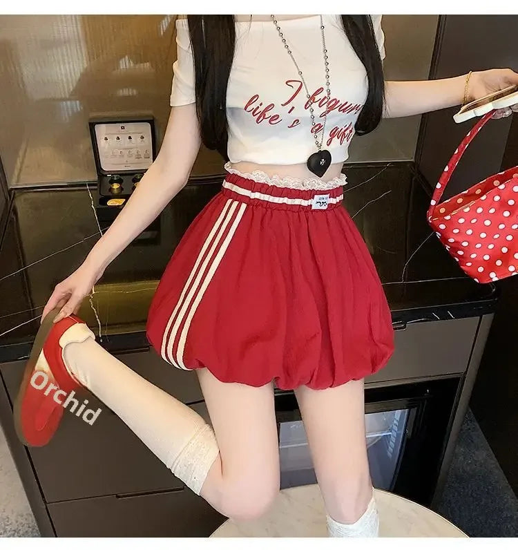 American Style Spliced Lace Stripe High Waist Half Skirt Women Summer Anti Exposure Flower Bud Puffy Short Skirt Polyester Fiber