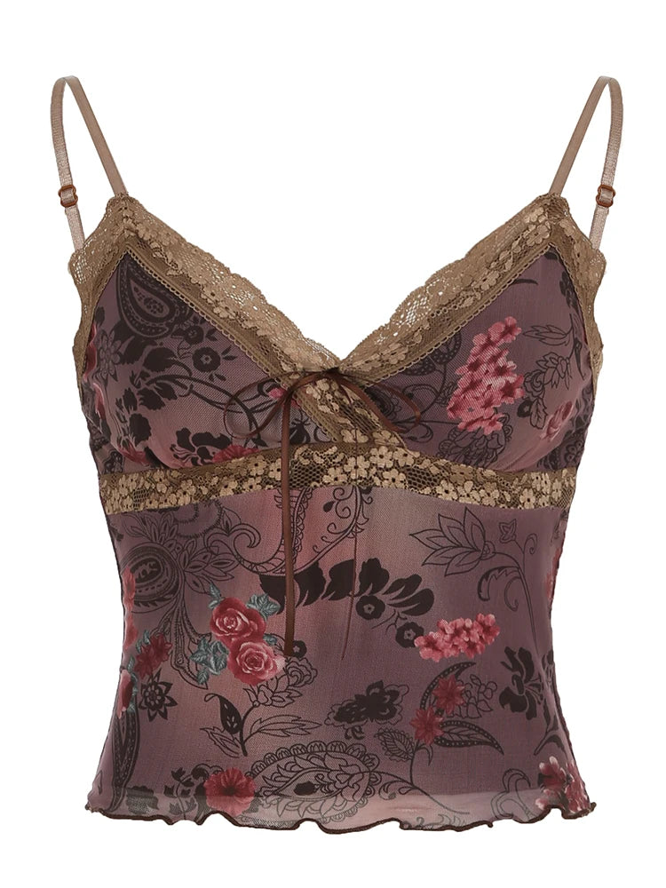 Rockmore Vintage Tulle Patchwork Floral Print Camis Women Mesh Lace Cross V Neck Crop Top Y2K Aesthetic Female Backless Corset