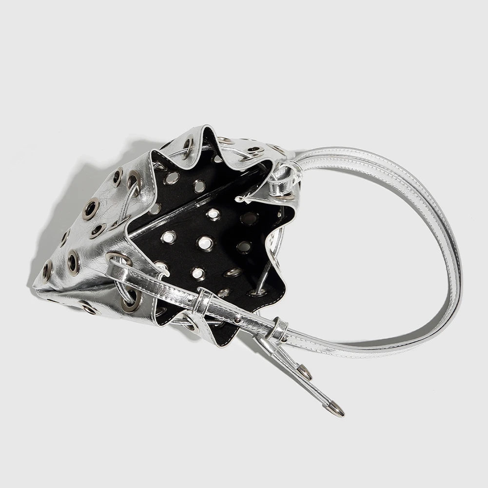 Women Metal Stud Y2k Shoulder Bag Large Capacity Retro Hollow Handbag Drawstring Crossbody Bag Shopping Vacation Handbag