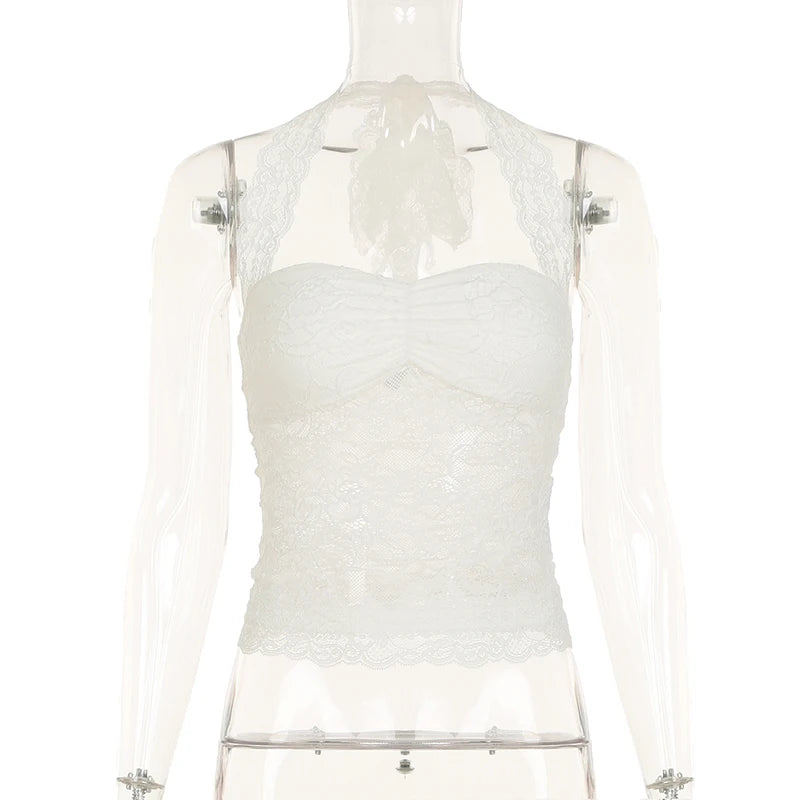Cuteandpsycho Sexy Lace Patchwork Y2K Camisoles Backless Transparent Slim Outfits Party 90s Vintage Clubwear Halter Neck Tops