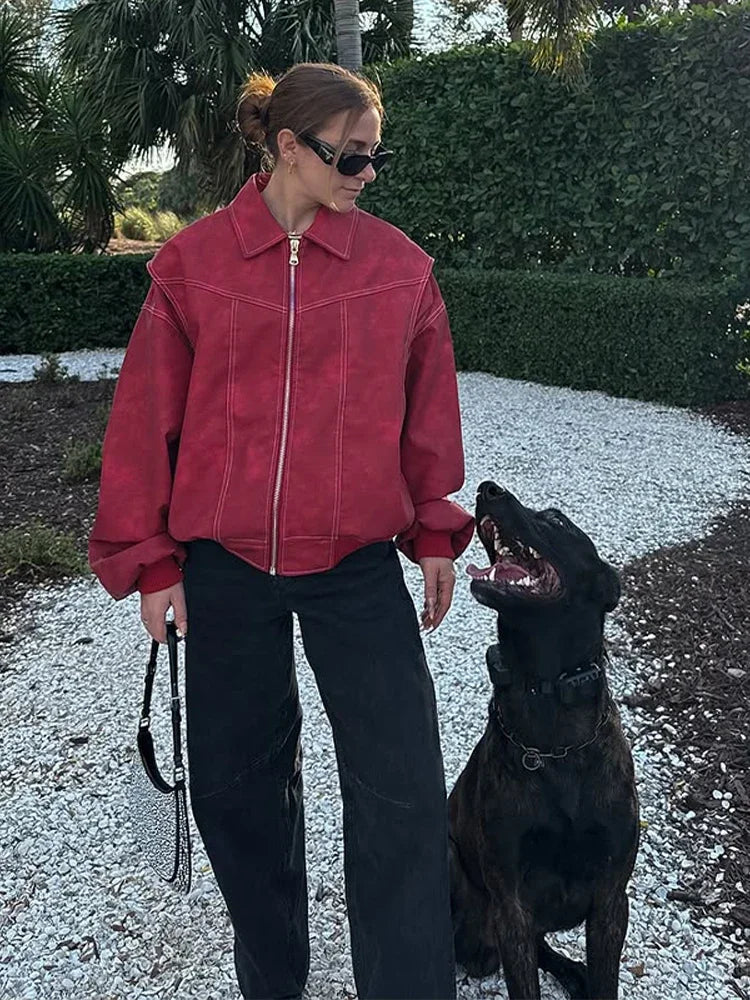 Women's Artificial Leather Short Jacket Retro Red Linen Coat Spliced Zipper Jacket Autumn Women's Lapel Pocket Street Sportswear