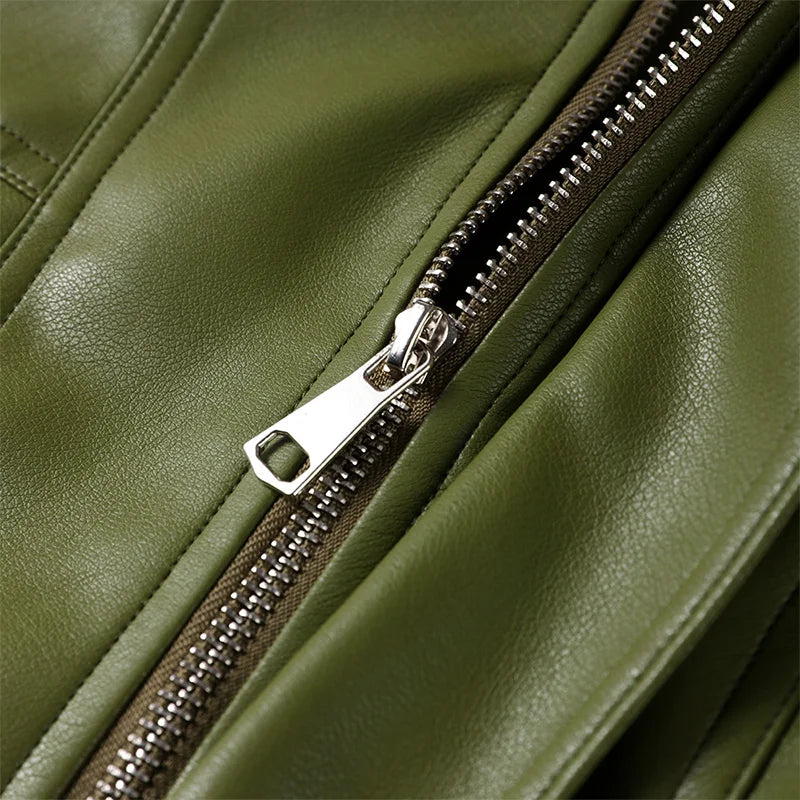 Fashion Green PU Leather Jacket Women Laple Zipper Loose Full Sleeve Single Breasted Cropped Coat 2024 New Lady Solid Streetwear