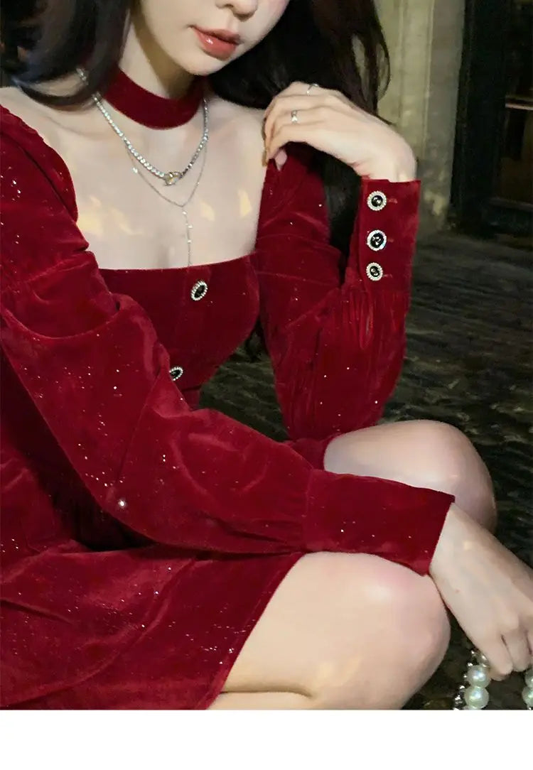 Women's Slim Fit A-line Velvet Dress, Christmas Clothes, Square Collar, Long-sleeved, Red, Sweet, Hot Girl, Autumn Winter