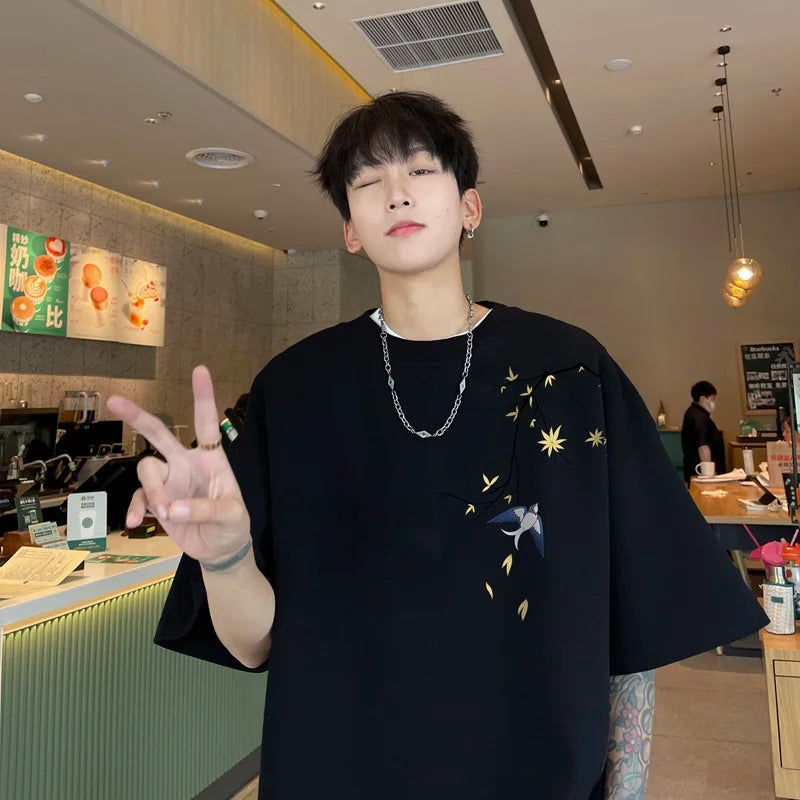 Men's Oversized T-shirts Mens Cotton T Shirt White Casual 5XL Summer Wear Fashion Bird Print Tee Shirts for Men Clothing