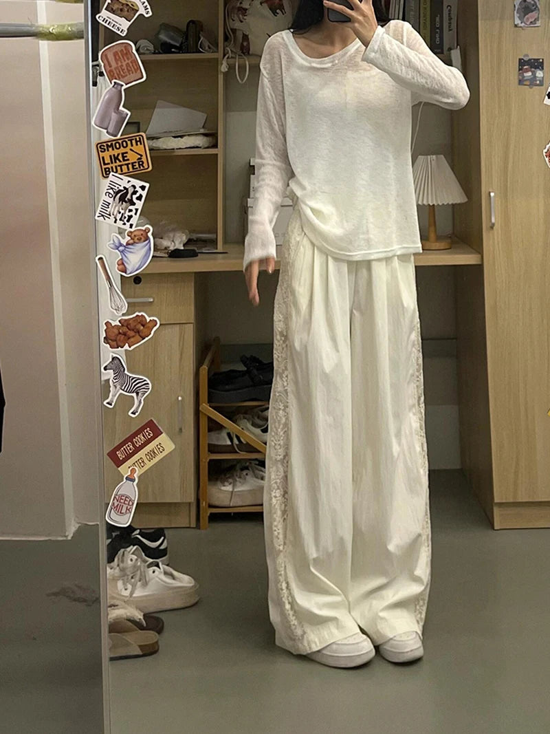 Zoki Lace Patchwork Sweet Pants Women Casual Korean High Waist Fashion Straight Trousers Loose Chic Female Summer Design Pants