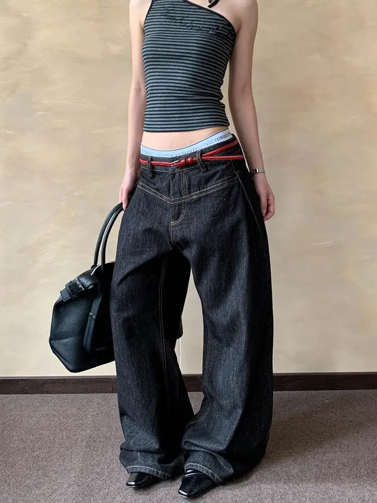 American Retro Primary Color Scimitar Jeans Women's Summer New High Street Design Loose and Thin Wide Leg Floor Pants