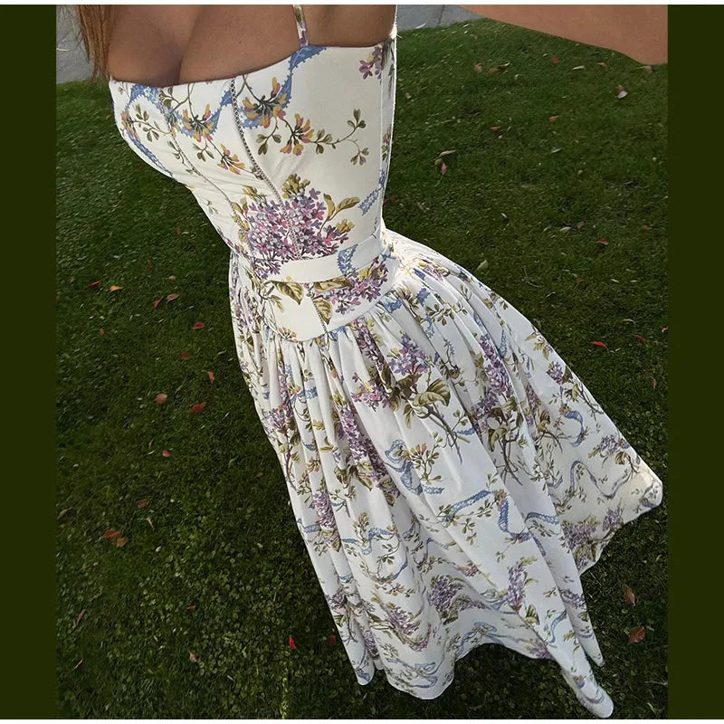 Chic Flower Print A-line Maxi Dress Women Elegant High Waist Strapless Backless Slim Vestidos 2025 Lady Summer Vacation Robes