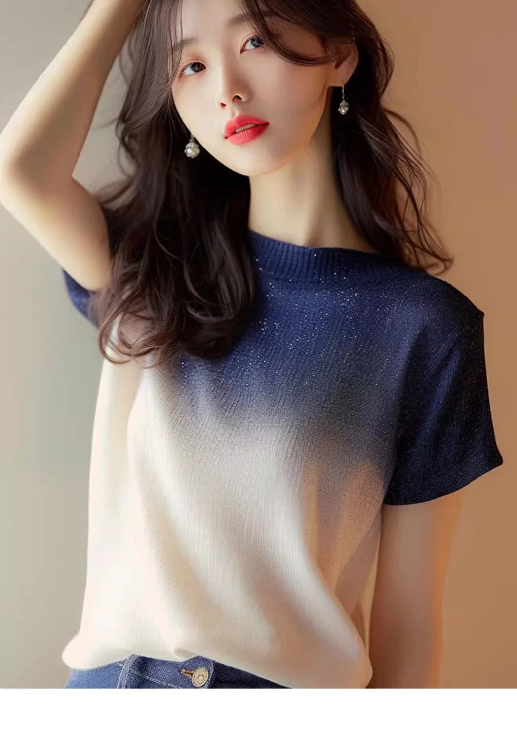 Women Clothes Summer Fashion Korean All-match Fashionable Appear Thin Ice Shreds Gradient Color Temperament Short Sleeve Tshirt
