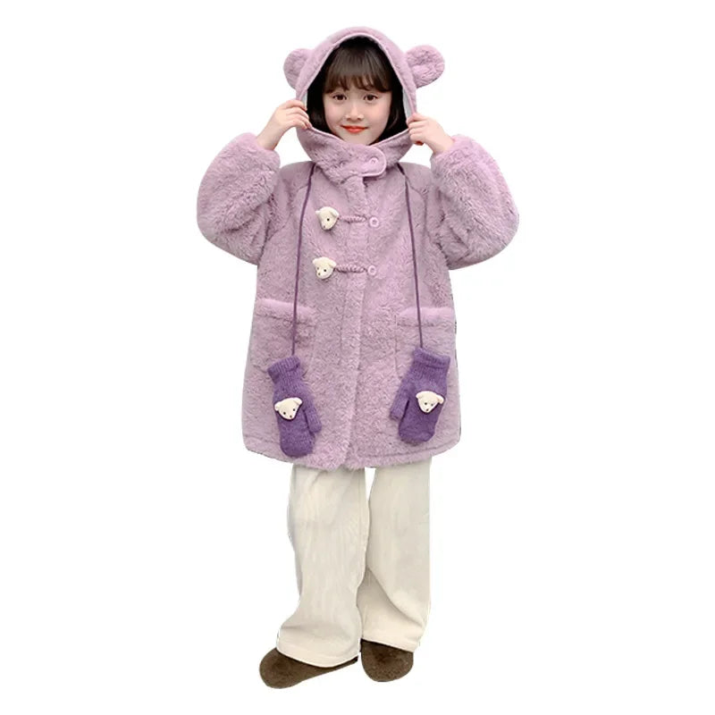 Thickened Fleece Winter Coat for Girls Cartoon Bear Middle-Length Jacket with Gloves Warm Toddler Baby Girl Outerwear