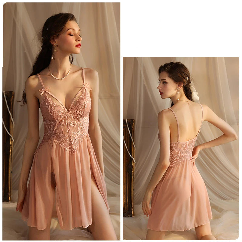 Deep V Lace Sexy Female Lingerie Cute Bow Tie Mesh Nightgown For Women Wholesale Large Size Hollowed Backless Embroidery Pajamas