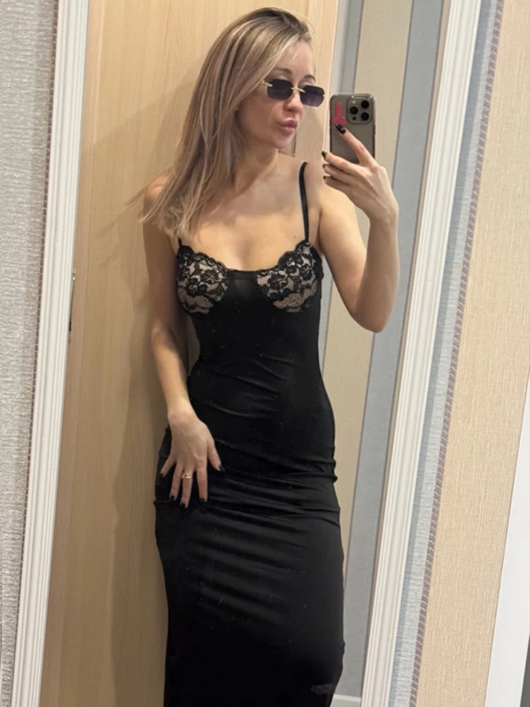 Weird Puss Sexy Camis Dress Women Skinny Patchwork Chest Summer Elegant Skinny Elastic Stretch Maxi Bodycon Clubwear Vestidos