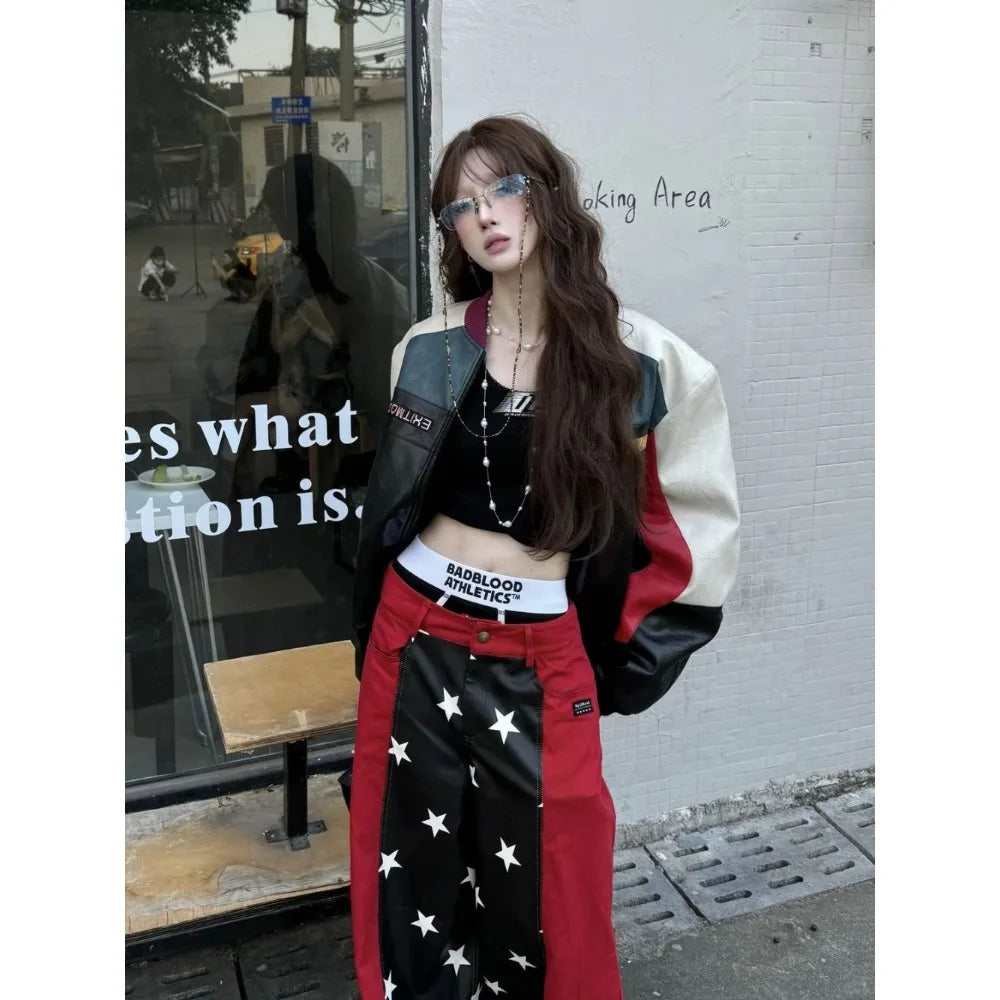 2025 Fall Winter Y2K Sweet Grunge Star Print PU Leather Patchwork Jeans Women Oversized Baggy Streetwear Wide Leg Pants