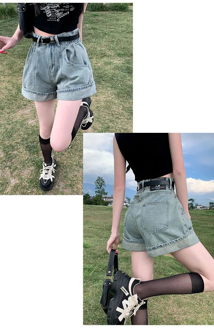 Women's Wine Red Denim Shorts High Waist Wide Shorts Harajuku Streetwear Korean Style Y2k Casual Blue A Line Jean Shorts Summer