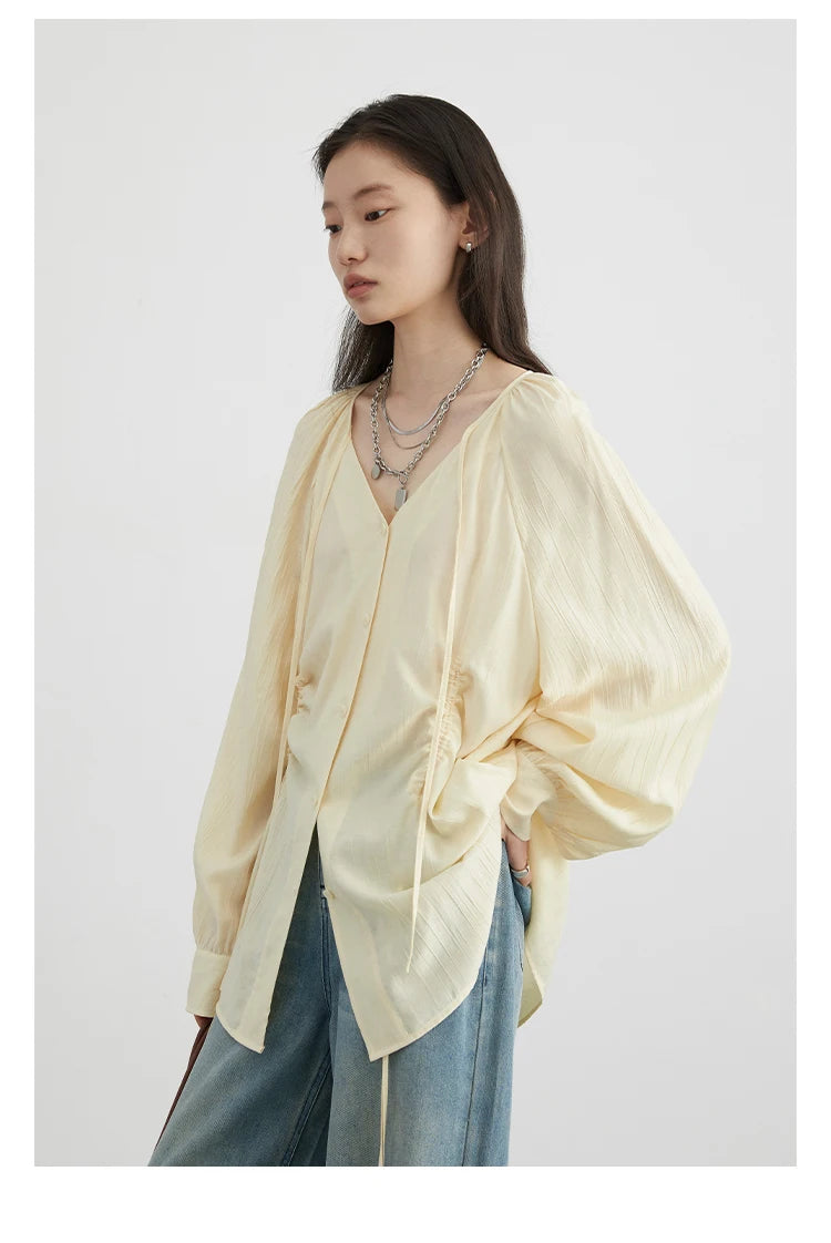 CHIC VEN Women Loose Lace Up Shirt Solid New Korean V-neck Pleated Raglan Long Sleeved Blouses Female Tops Spring Summer 2025