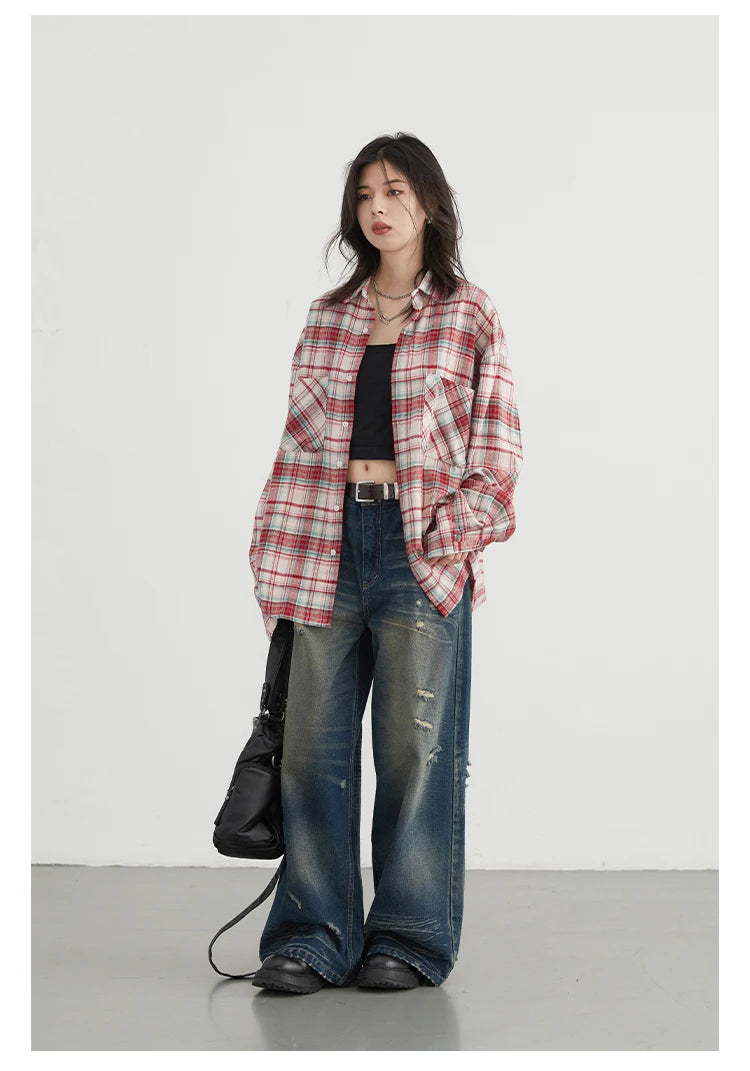 CHIC VEN Women's Cotton Shirt Single Breasted Loose New Retro Color Blocked Grid Female Blouses Autumn Spring 2024