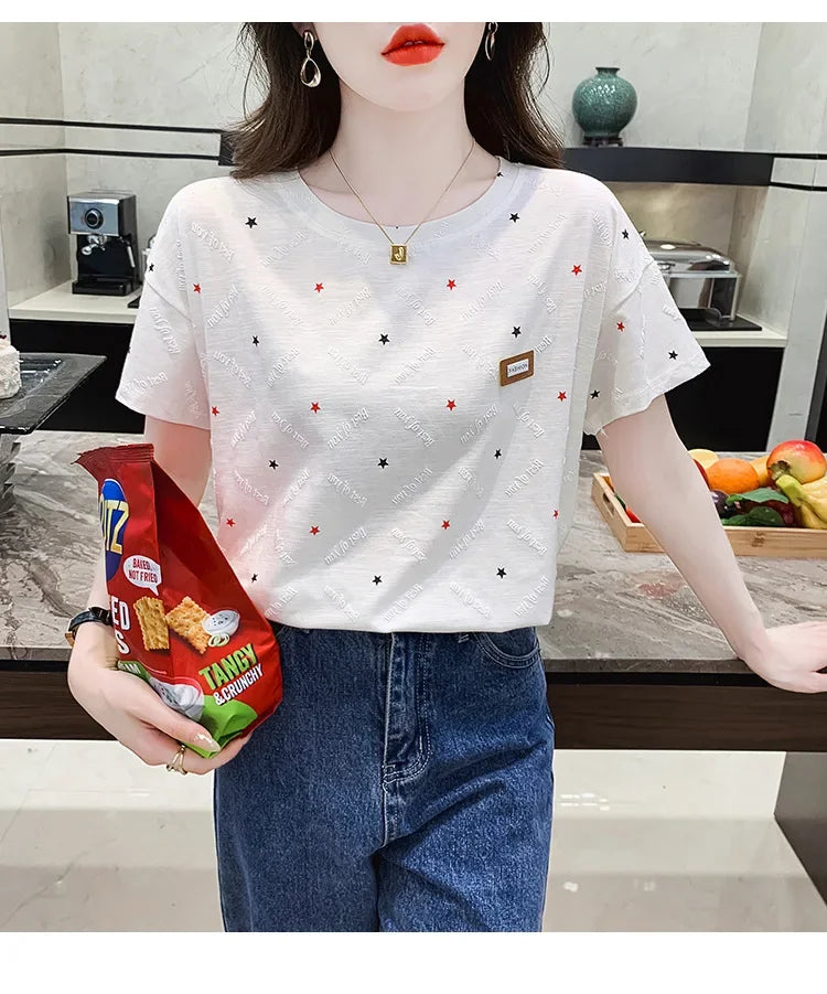 Summer Women's Loose-Fit Plus Size White Half-Sleeve T-Shirt New Style Casual Crew Neck Decorative Bodysuit Top Ins Trendy