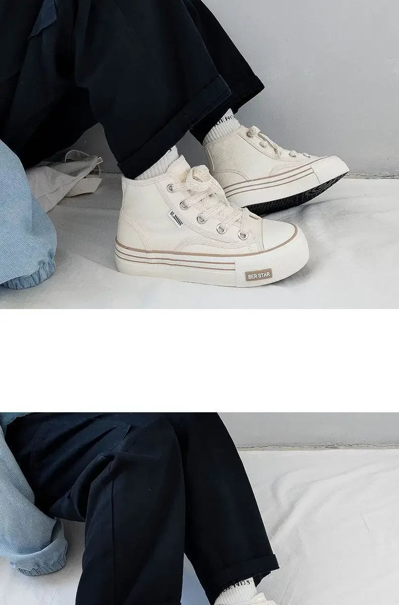 Spring 2025 Women's Canvas Sneakers High-Top Sporty Casual Shoes Student Fashion Trendy Design Synthetic Inner Rubber Sole