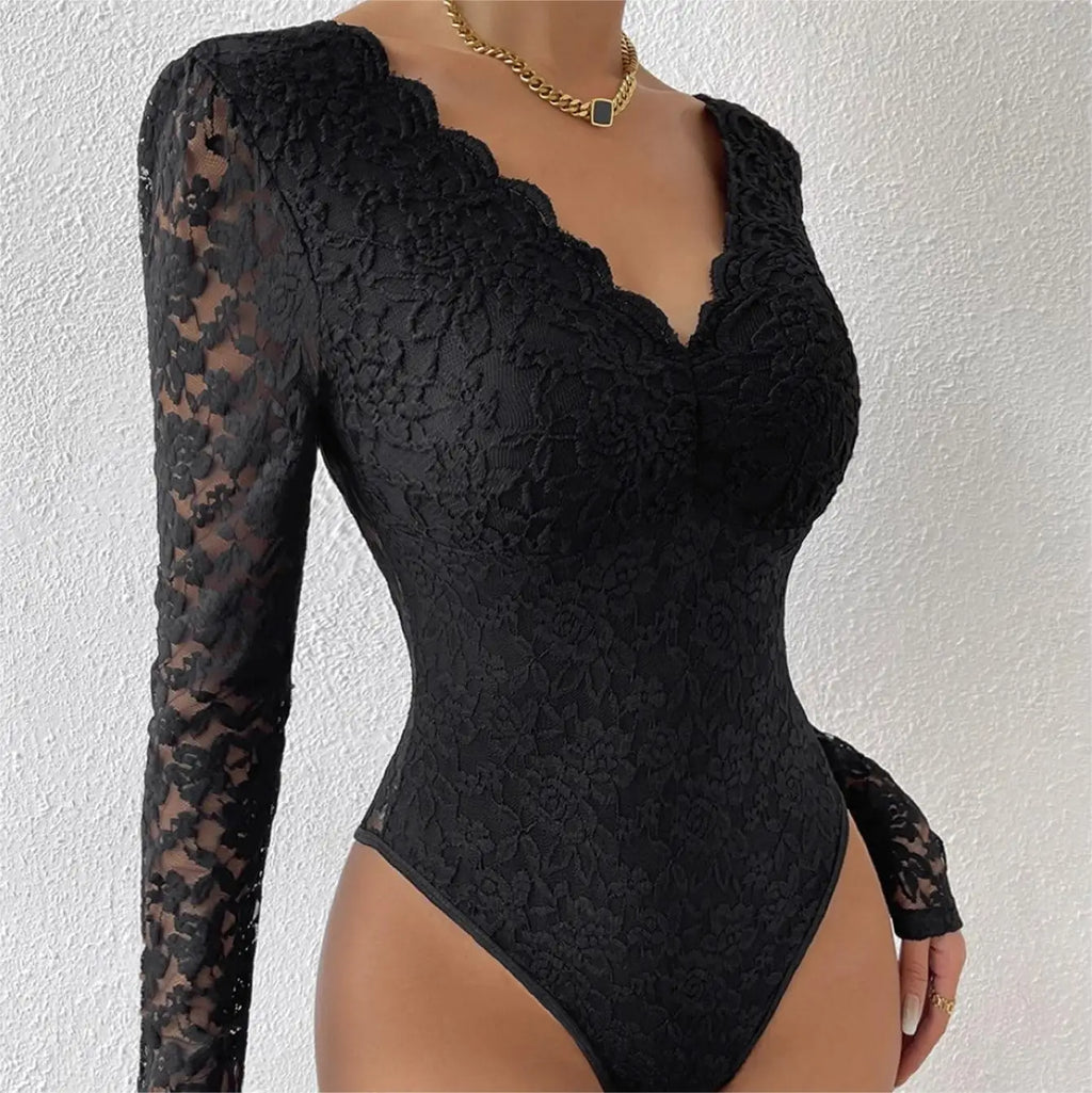 Women Elegant White Lace V-Neck Bodysuits Sexy One Piece Fitted Bodyshaper Jumpsuits Long Sleeves Shapewear Slimming Waist Tops