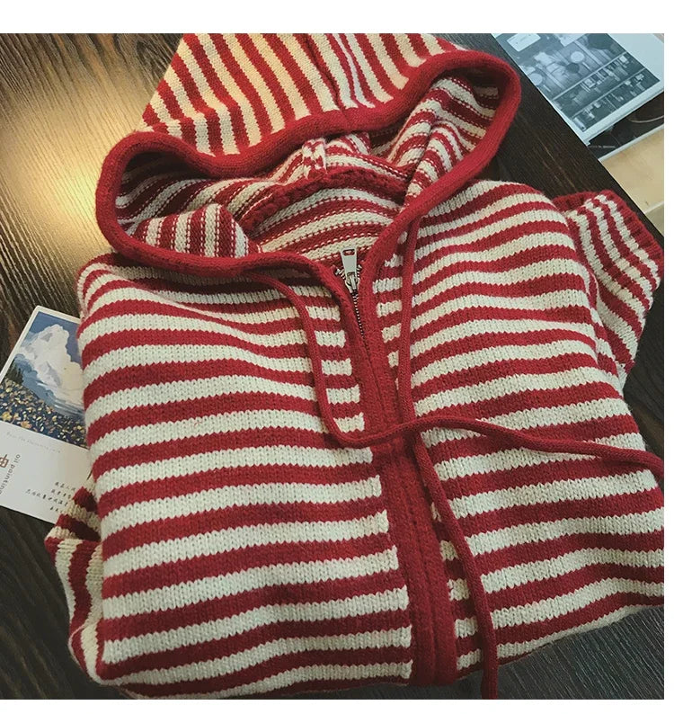 Contrast Color Stripe Hood Knit Cardigan Women Autumn and Winter New Loose Design Sense Long Sleeve Cardigan Sweater Outerwear