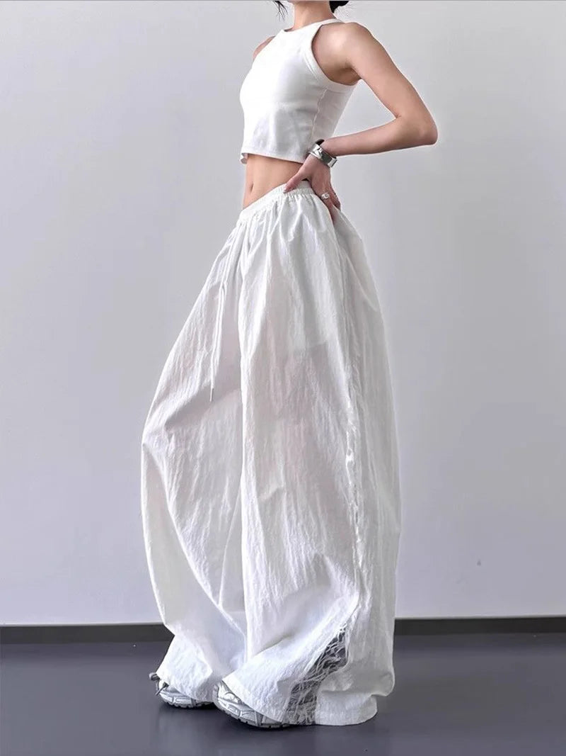 Jmprs Lace Patchwork Wide Leg Pants Women Oversize Streetwear High Waist Vintage Trousers Korean Casual Summer Sweet Retro Pants