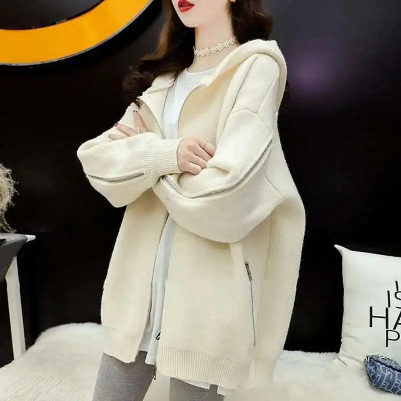 [EWQ] Big Size Long Sleeve Hooded Zipper Decorate Blue Knit Cardigan Women Thick Sweater Jacket 2024 Autumn New Fashion 16O2559