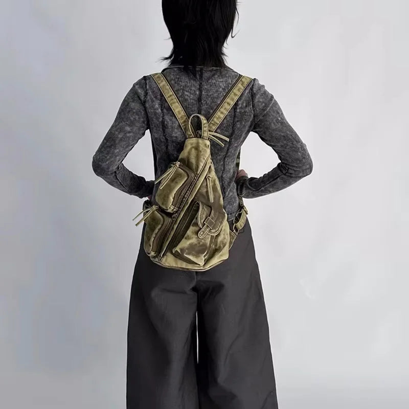 Annmouler Designer Backpacks for Women Soft Washed Letaher Sling Chest Bag Vintage Multi-pockets Punk Style Small Bag