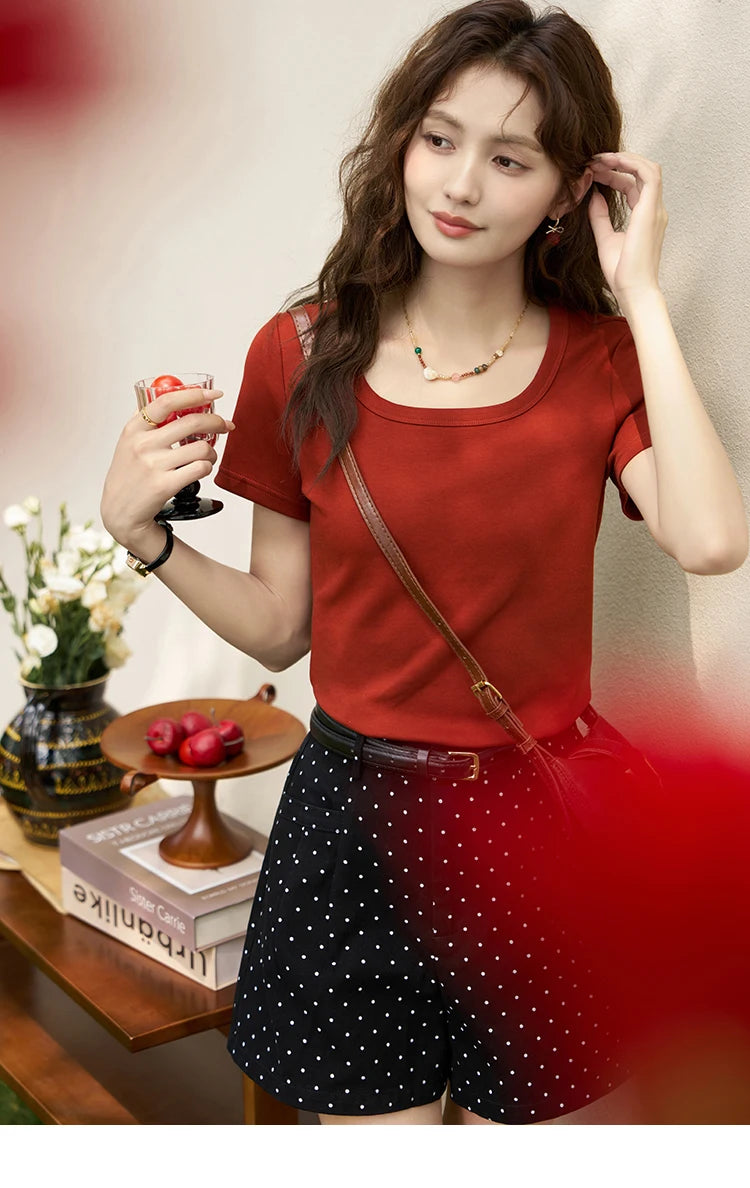 MISHOW Short Sleeve T-shirts Women Spring Solid Square-neck Top Elegant Woman Clothes Office Lady Cotton Tees MXC12T0641