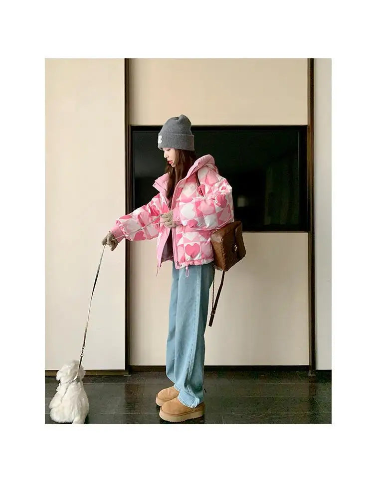 Duck Down Coat for Women, Loose and Thicken Hooded Parkas, Printed Outerwear, Female Bread Jackets, Winter Clothing, New, 2024