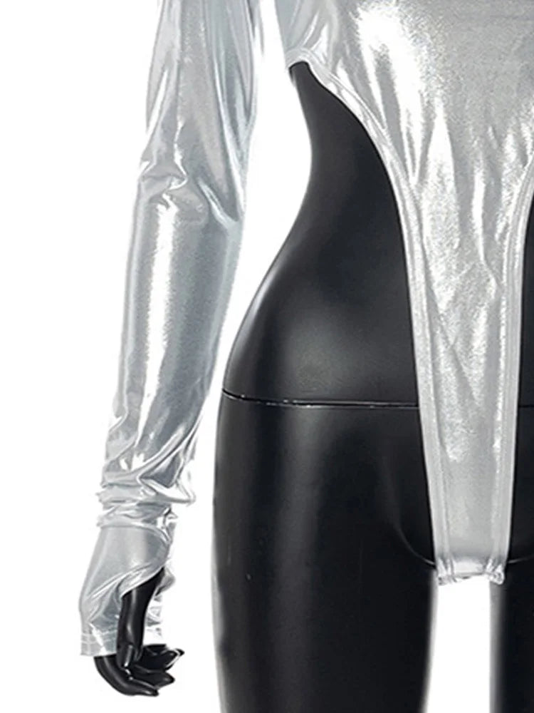 Shoulder Pads Metallic Asymmetrical Sexy Bodysuit Casual Playsuit Soild Splicing Lady Jumpsuit Slim Fit O-Neck Streetwear Tops