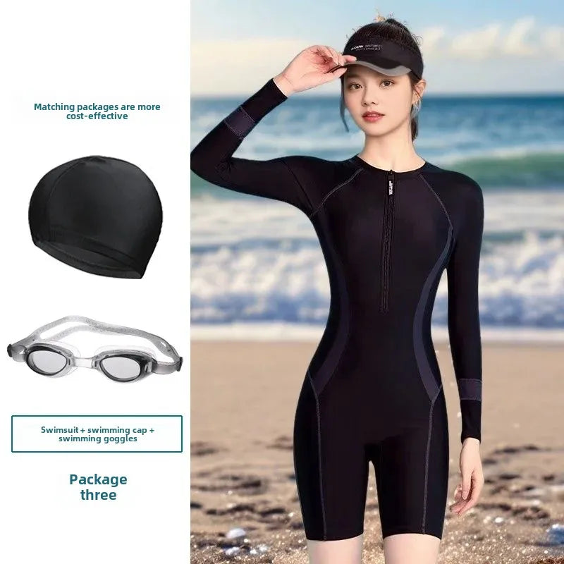Conservative One-Piece Swimsuit for Women Long Sleeve Thermal Spa Swimwear Slimming Hide Meat Effect Surfing Thermal Spa Swimsui
