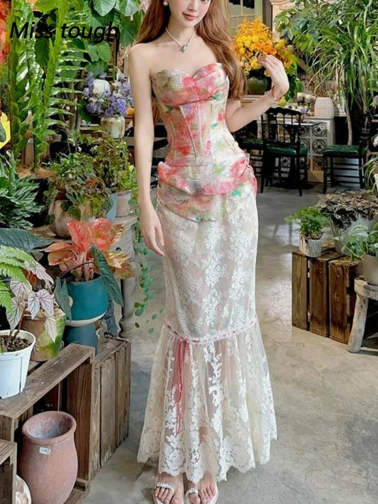 Summer Women Two Piece Set Floral Corset Top and Lace Midi Skirt Elegant Mesh Outfit Slim Fit Vintage French Style Beach Suit