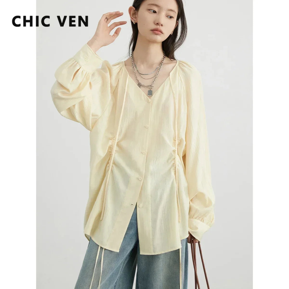 CHIC VEN Women Loose Lace Up Shirt Solid New Korean V-neck Pleated Raglan Long Sleeved Blouses Female Tops Spring Summer 2025