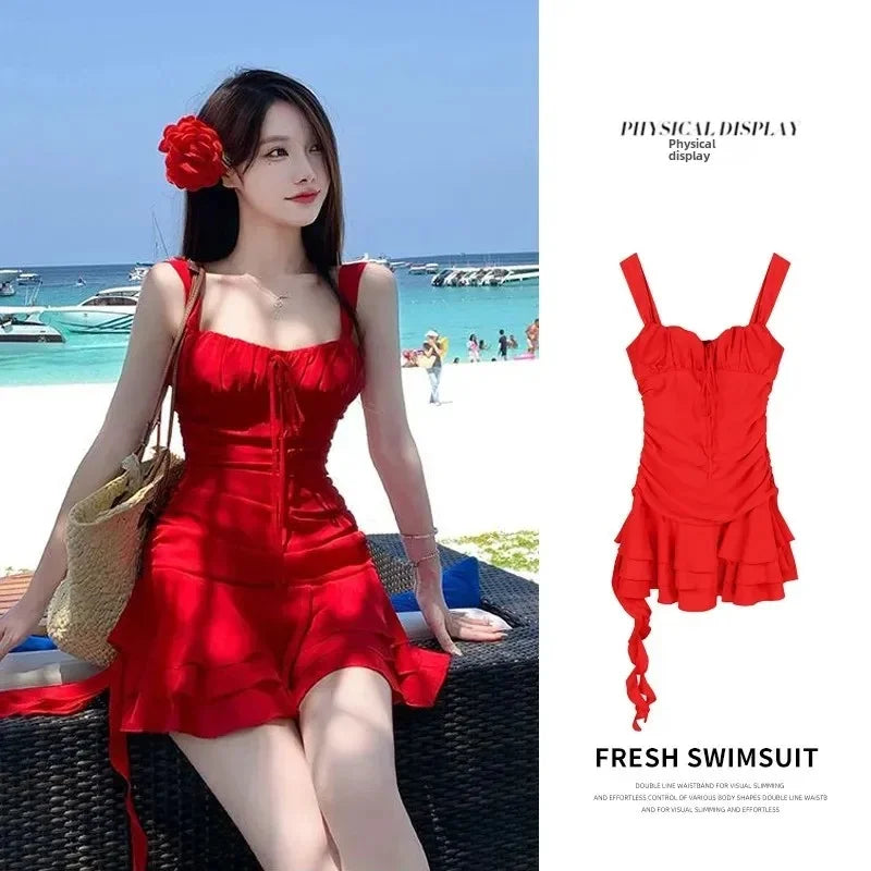 Summer 2024 New Women's Swimsuit: White-Stylish Beach Vacation Dress-Style Thermal Spring Swimwear Red Dress