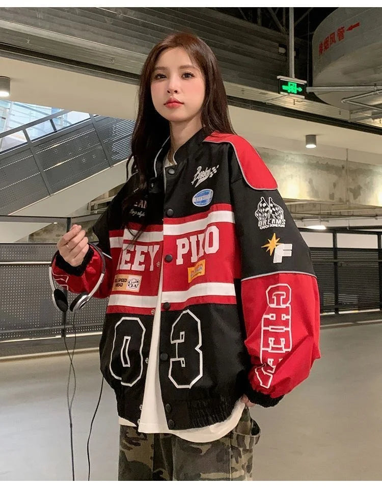 2023 Y2k Red White Bomber F1 Jacket Women Men Biker Racer Jacket Retro Hip Hop Grunge Clothes Trend Oversize Windbreaker Varsity