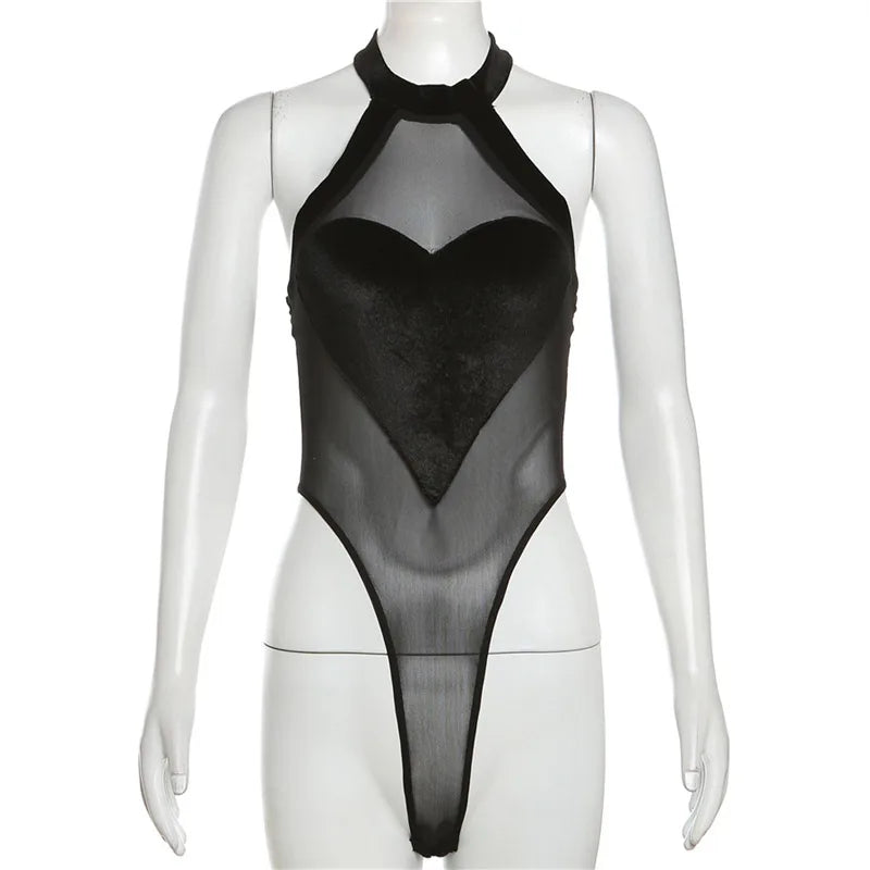 Goth Dark Mesh See Through Gothic Women Sexy Bodysuits Y2k Heart Velvet Sleeveless Halter Tops Grunge Backless Bodycon Bodysuit