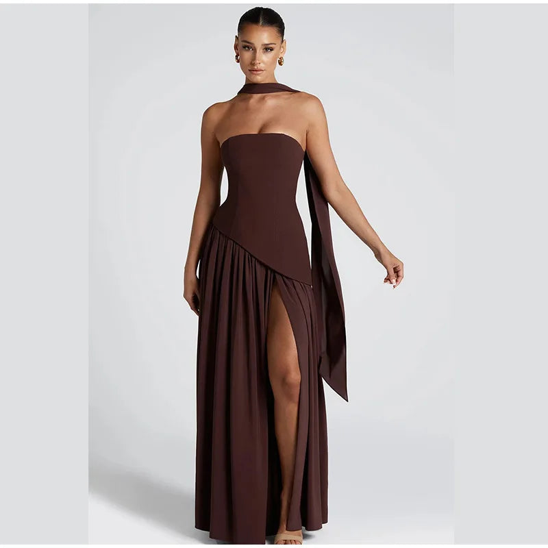 Butter Yellow Scarf Neck Split Long Dress Women Elegant Strapless Slim Fit High Waist Vestidos 2025 Lady Evening Party Gowns New