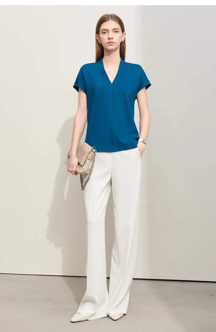 AMII Minimalism 2023 Summer Women's T-shirt Classic Style Casual V-neck Short Sleeve Solid Stretch Female Tops & Tees 12312013