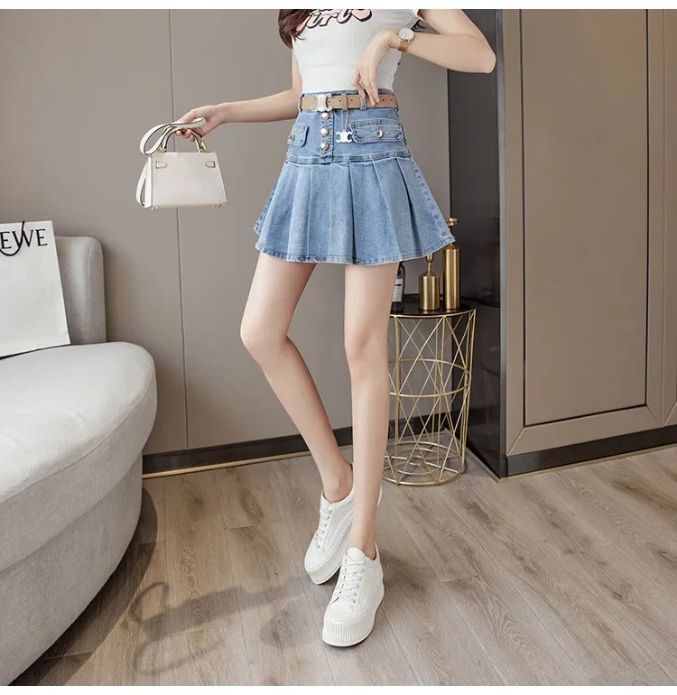 High-Waisted Denim Skirt Women's Slimming Mini Dress 2024 Spring Summer European Style Half Skirt Age-Reducing Fashionable Pleat