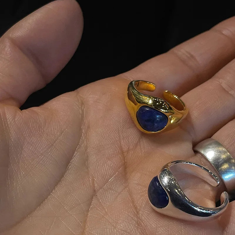 925 Sterling Silver plated Liquid Lava Hetian Jade Bamboo Ring for Women Girl Gift Irregular Vintage Jewelry Dropshipping