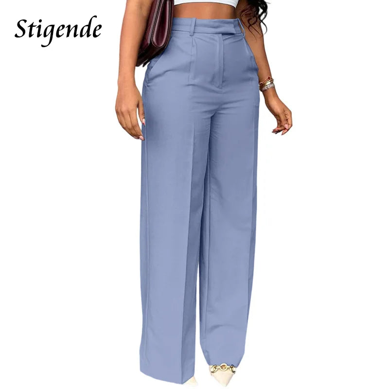 Stigende Wide Leg Straight Dress Pants with Pocket Women Plain Color Business Casual Pants Loose Fit Midi Waist Office Trousers