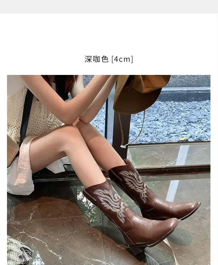 Fall Women Mid-calf Boots 2025 Vintage Leather-covered Brown Western Cowboy Boots Embroidered Chunky Heel Thigh-high Knight Boot
