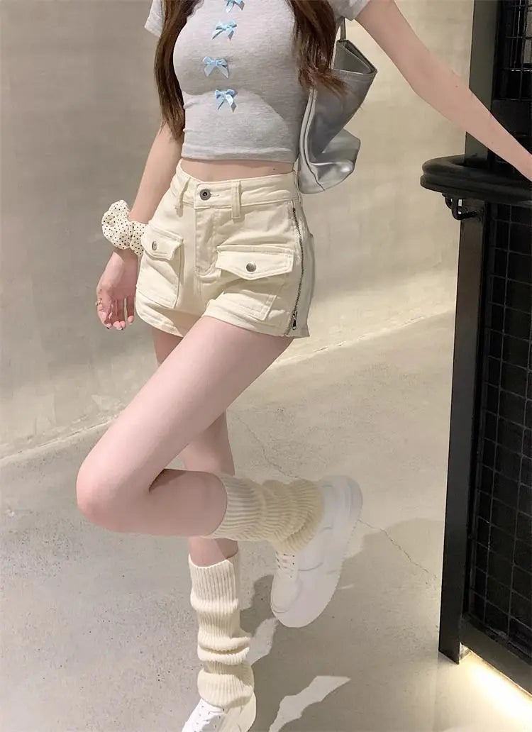 Sexy Hottie Slim Denim Shorts Women Summer Simplicity Office Lady Solid Color Cargo Fashion High Waist Appear Thin Wide Leg
