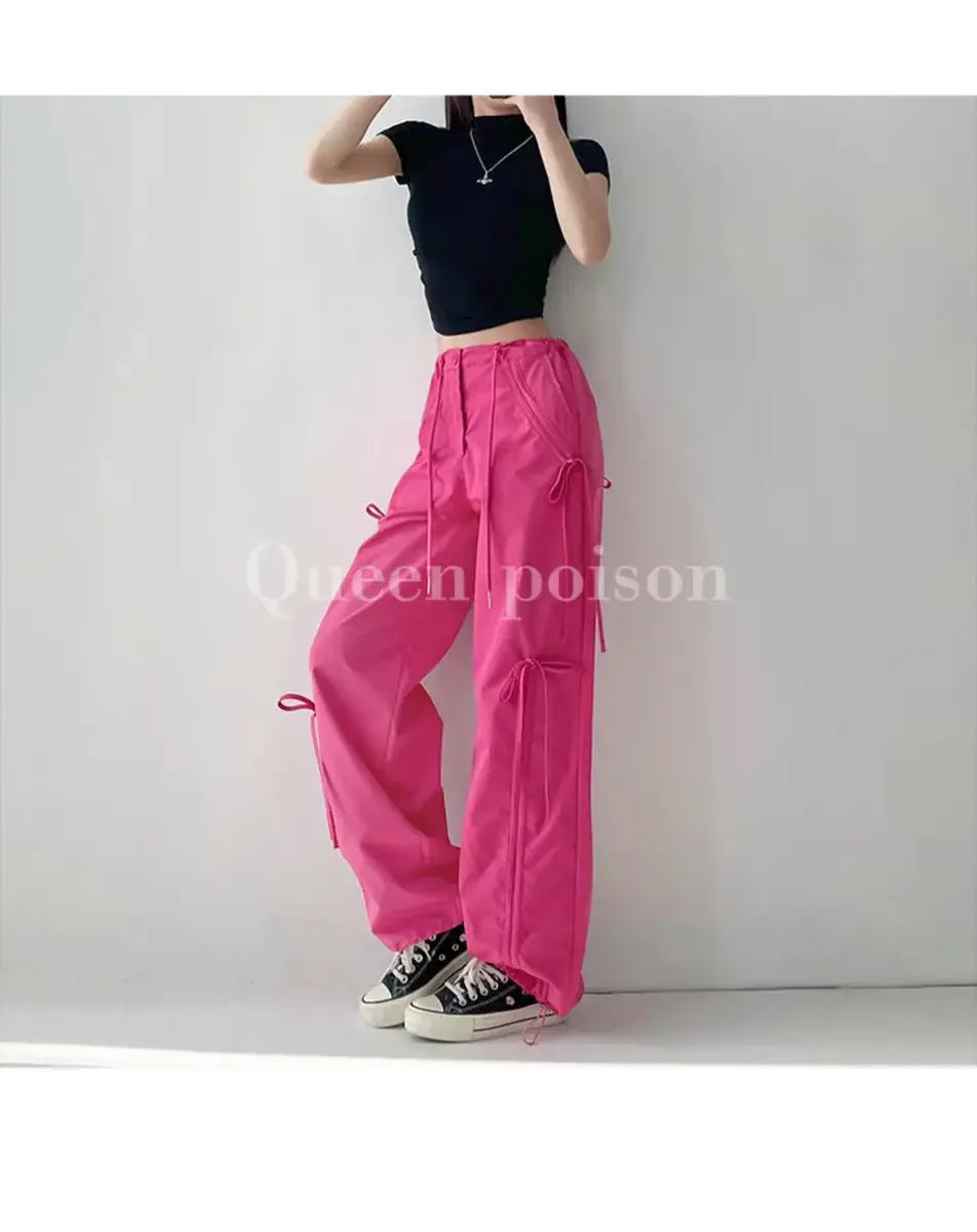 American Style Women's Summer Cargo Pants With Bowmint Green Drawstring Casual Bell Bottoms New 2024 Fashion Trend Long Pants