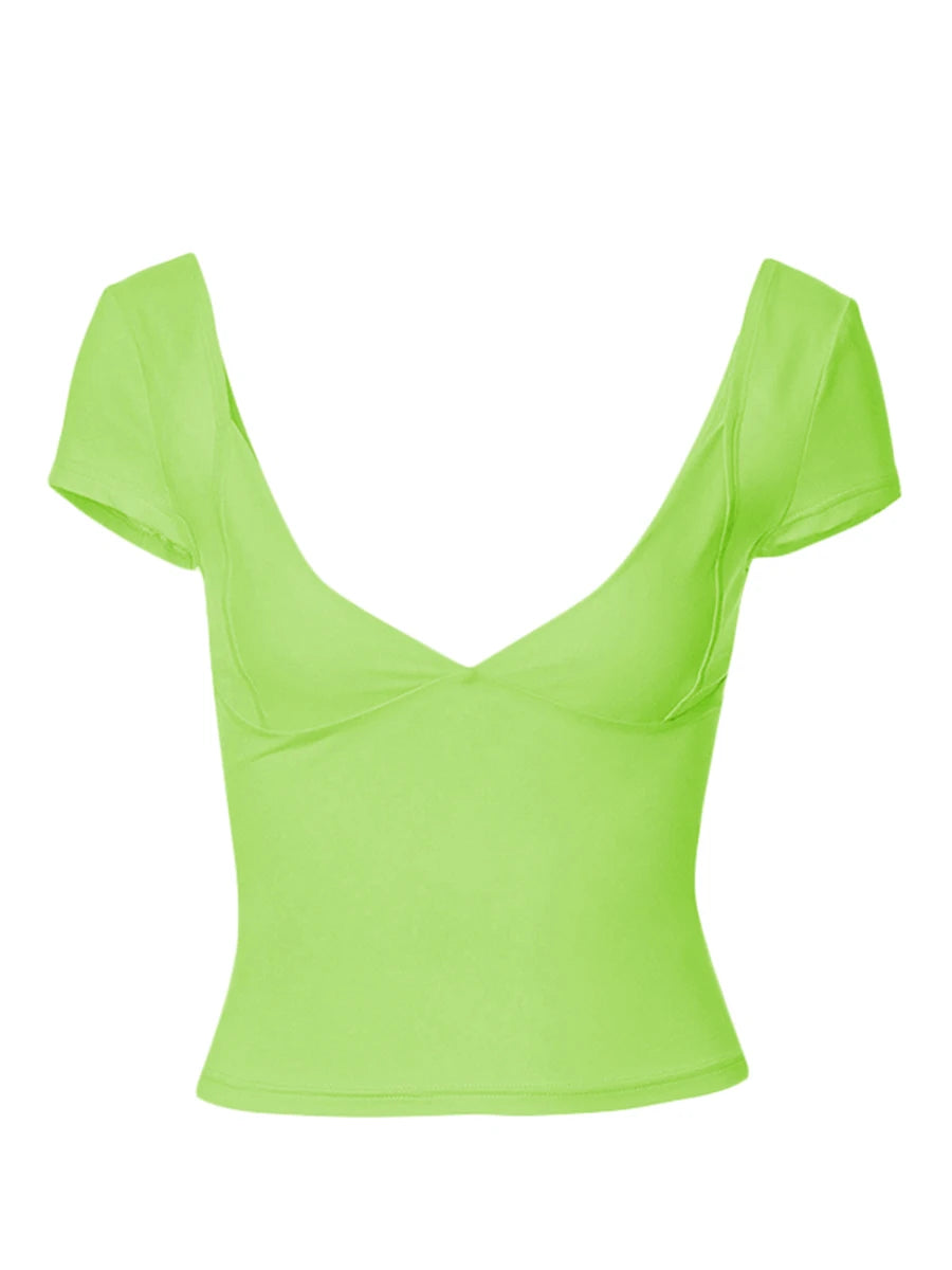 Fairy Coquette Y2K Vintage Skinny T-Shirt Sexy Low Cut V Neck Crop Top Korean Elegant Chic Women Slim Fit Tees Streetwear