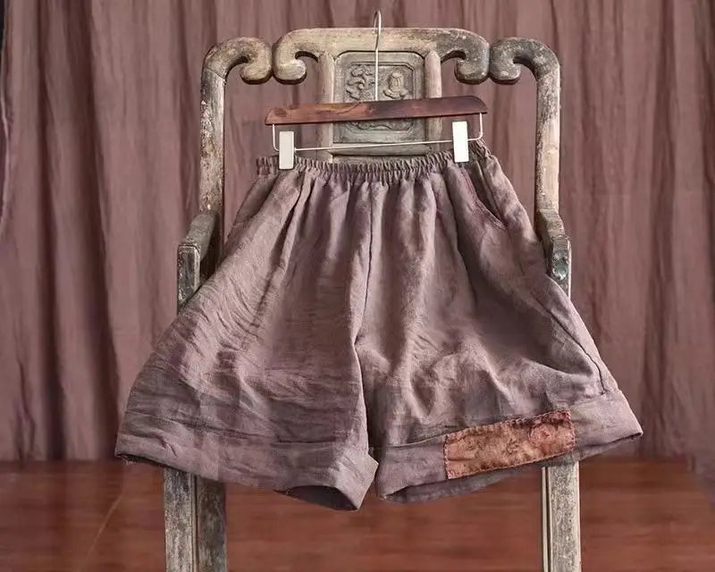 Women Retro Ethnic Style Patch Oversize Cotton Linen Short Pants Summer Female Casual High Waist Beach Shorts Pantalones Cortos