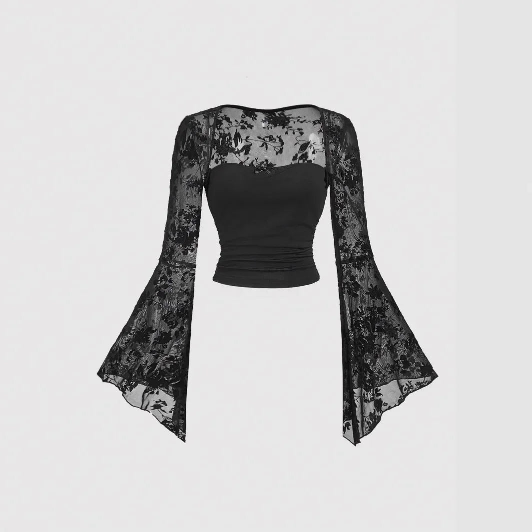 Design Sensation Lace Splicing Long Sleeve Mesh T-Shirt Sexy Elegant Style Full Sleeve Square Collar Polyester Fiber Top
