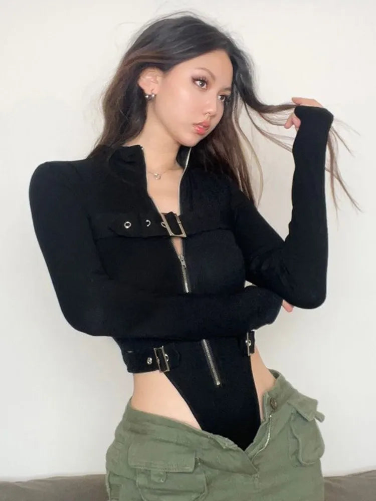 Punk Motorcycle-style Metal Button Zipper Jumpsuit Women Sports Bodycon Streetwear Y2k Retro Long Sleeve Cardigan Tops Bodysuits